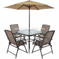 Meubles extérieurs de patio dinant l&#39;ensemble 6 morceaux avec le parapluie / parasol, ensemble supérieur de table de salle à manger en verre, ensemble de table de salle à manger 4 chaises